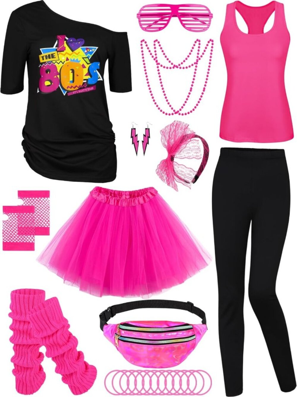 24-Piece 80s Halloween Costume Accessories Set for Women - Tutu, Fanny Pack